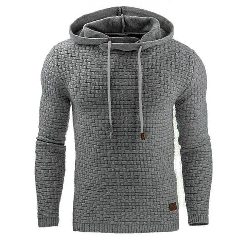 Men's black cotton-polyester blend hooded sweatshirt on a hanger.