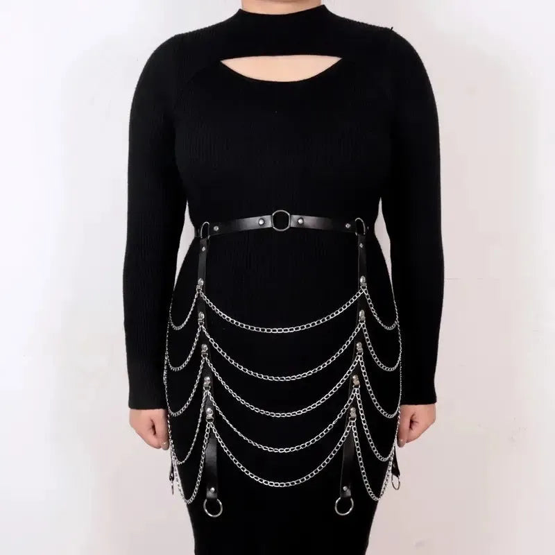 Black PU leather waist chain with bandage binding design draped on clothing