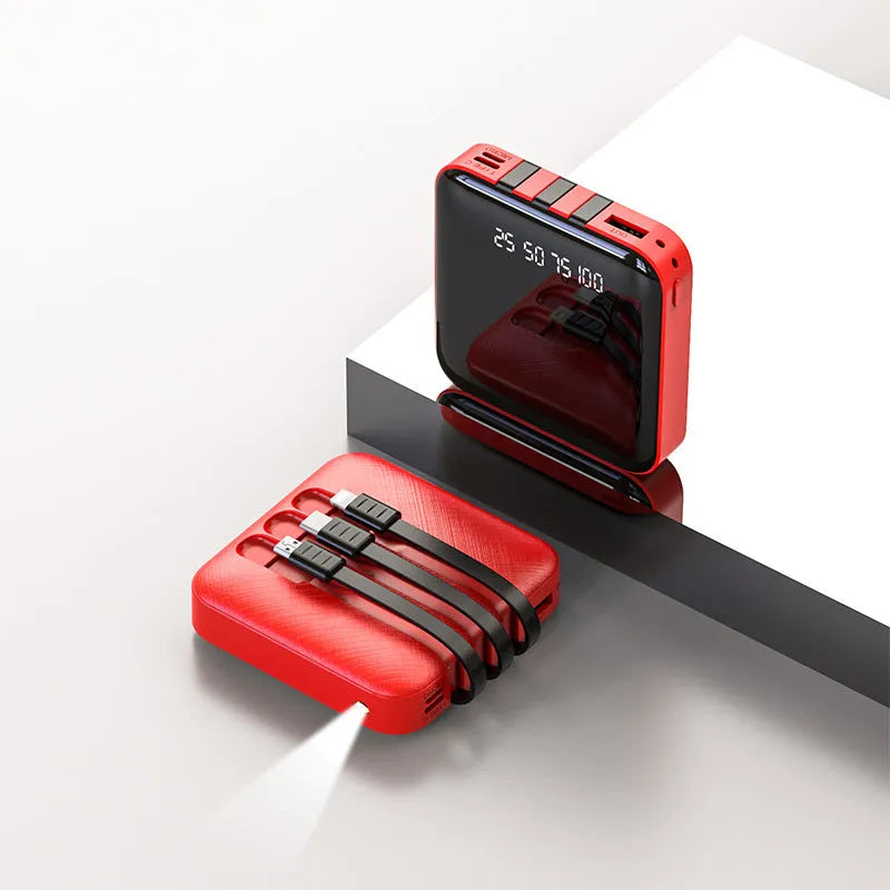 Square black power bank with integrated charging cable showing 80mm dimensions