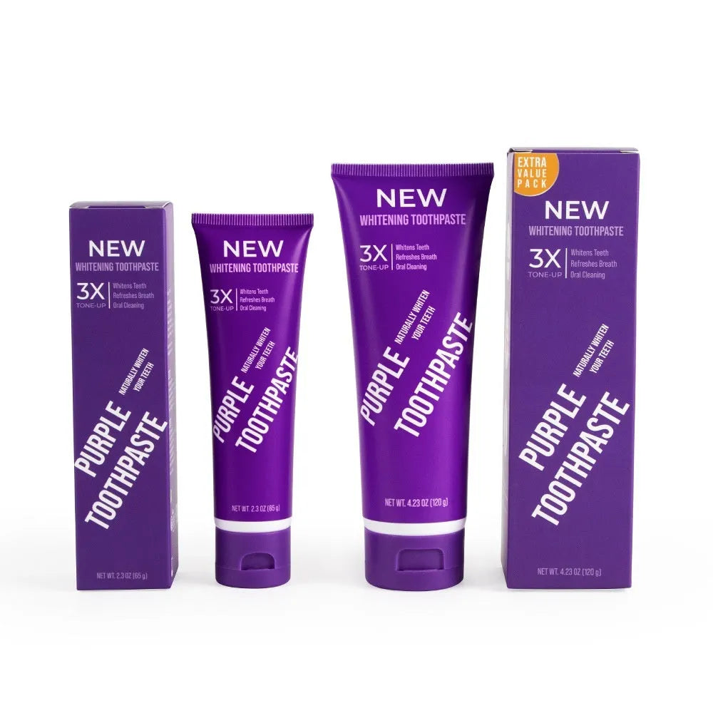 Purple whitening toothpaste in 120g and 65g tubes for adult yellow stain removal