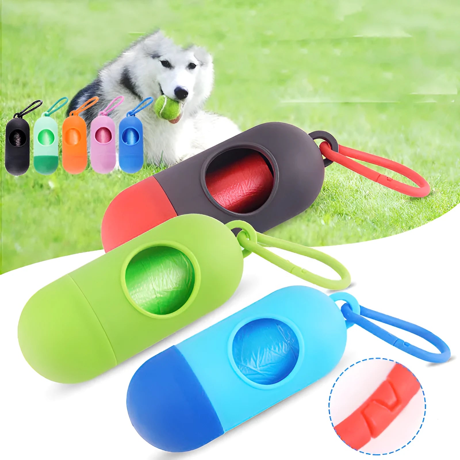 Compact black dog poop bag holder with Velcro strap and metal side hook, shown next to a roll of waste bags.