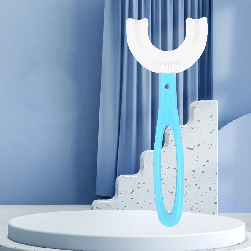 Children's U-shaped soft rubber toothbrush in pink and blue colours for milk teeth cleaning