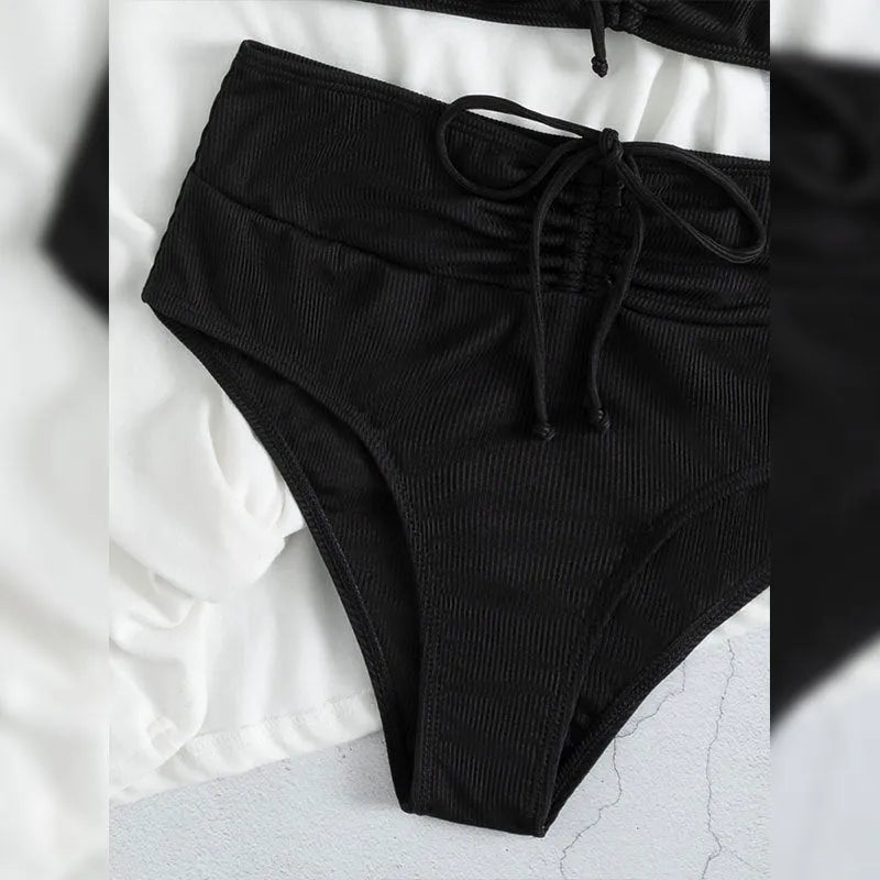 Black women's bikini swimsuit with high waist sling split bottoms and sleeveless top