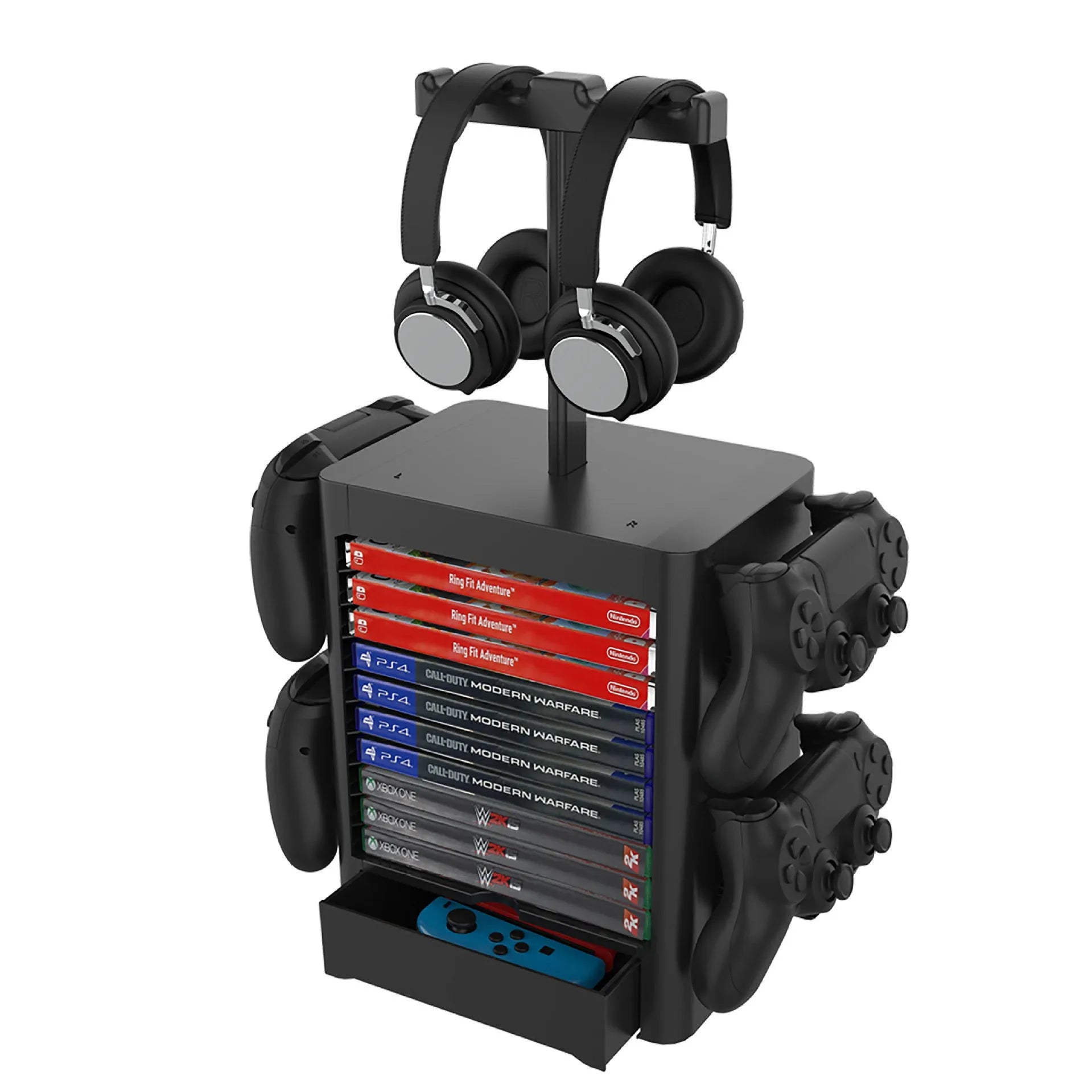 Black ABS gaming console storage rack with headset platform, controller hooks and storage drawer