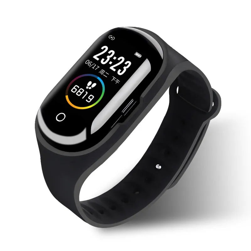 Smart bracelet with integrated Bluetooth earphones in silicone wristband showing 1-inch screen