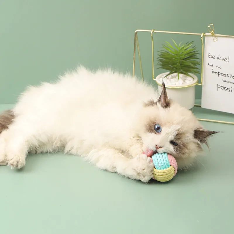 Handmade cotton plush cat toy in blue pink green colours measuring 5cm diameter