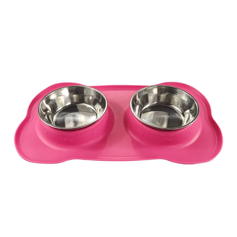 Large elevated silicone dog bowl with stainless steel insert in choice of colours on a kitchen floor.
