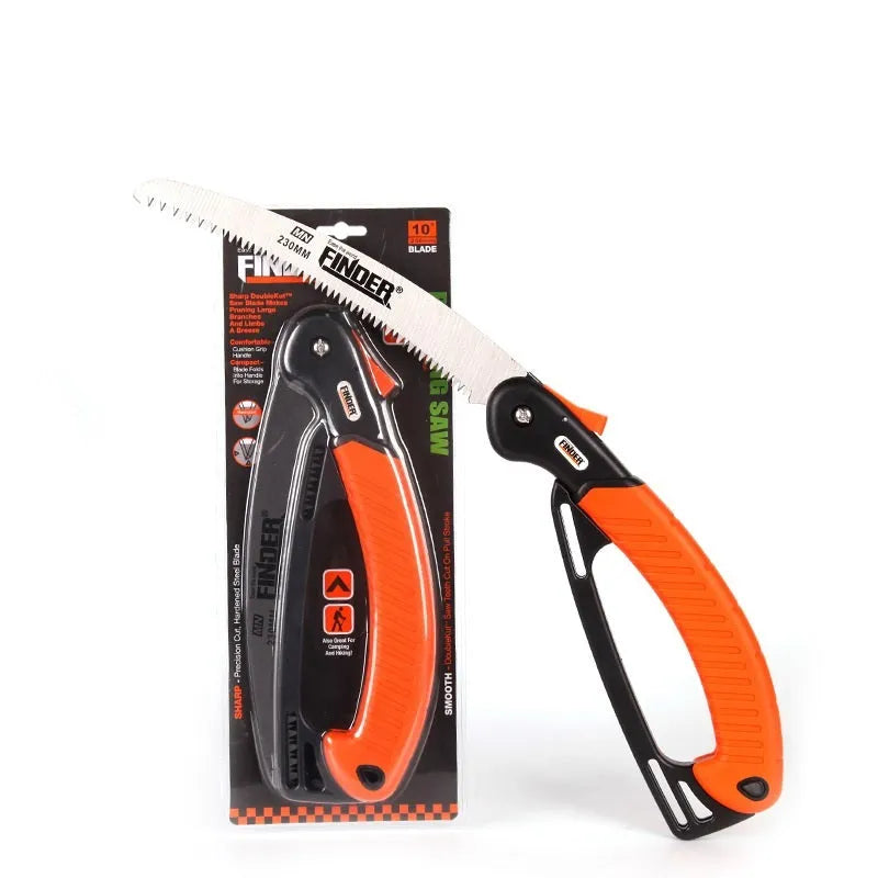 Folding garden saw with TPR grip and 230mm steel blade extended for cutting