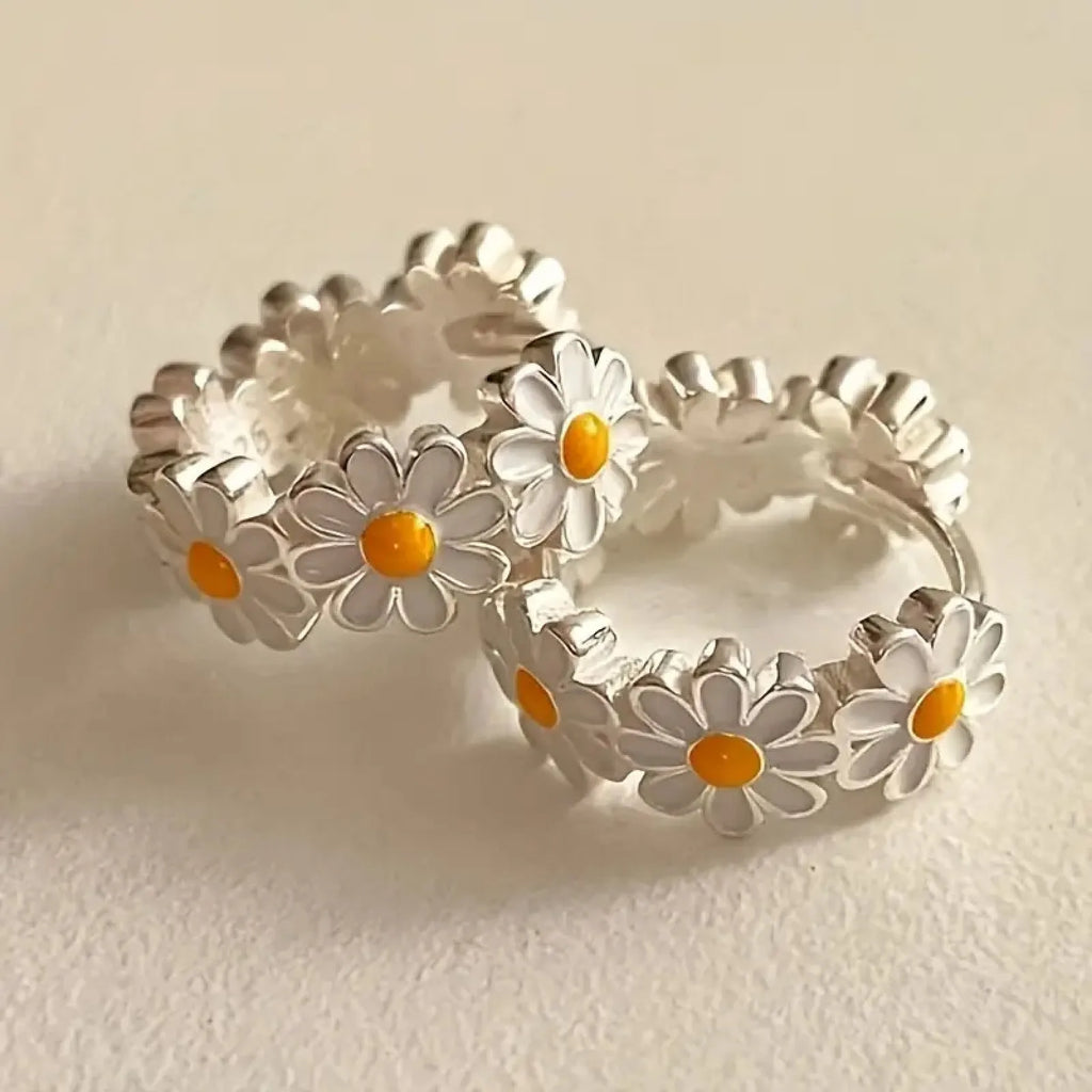 White daisy flower ring earrings with platinum gem inlay on copper with electroplated finish