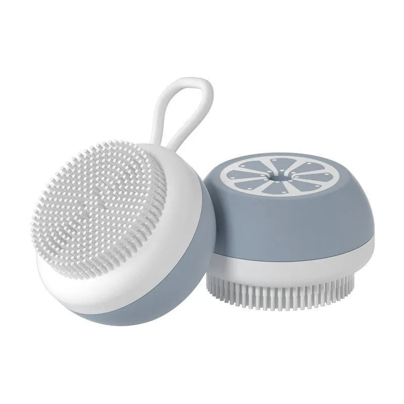 Soft yellow silicone pet bath brush with massage nodes and comb bristles for dog and cat washing.