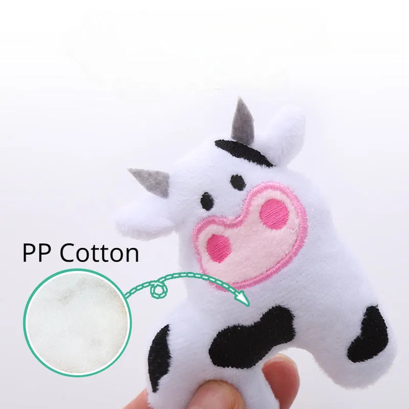 Plush cat toy in cow shape with catnip filling for interactive feline play