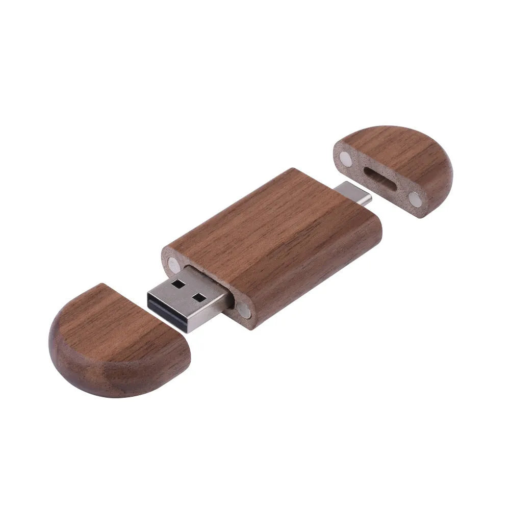 Carved wooden box-shaped USB flash drive with TYPE-C phone connector on display