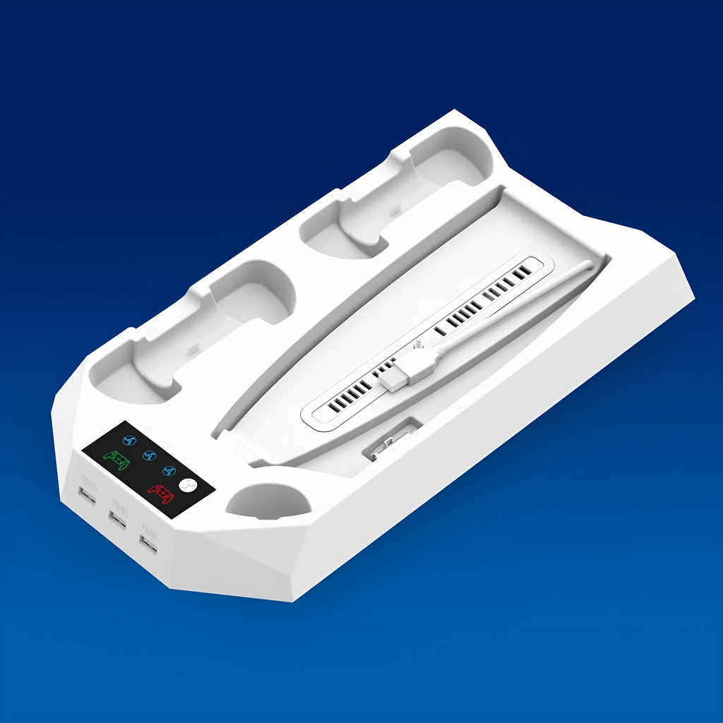 White PS5 charging dock and cooling base station with controllers and headset on display