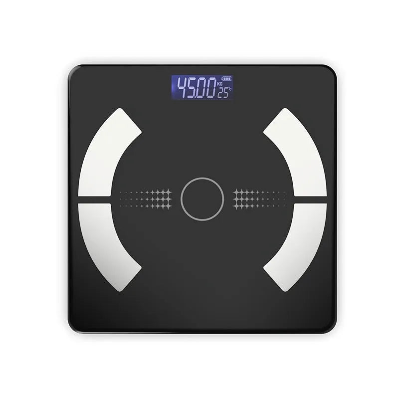 Smart Bluetooth rechargeable body fat scale in white, black, or pink measuring weight, fat, calories, and moisture
