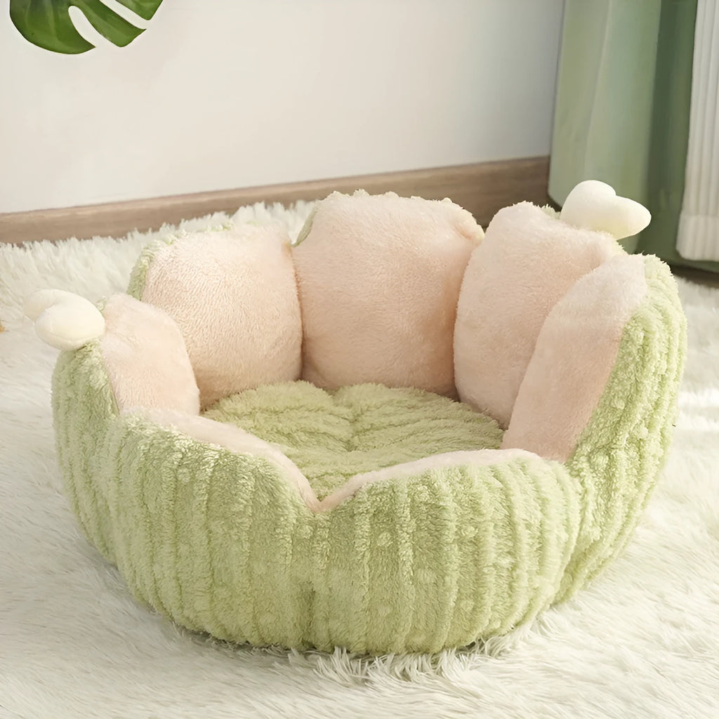 Soft green cactus-shaped pet kennel house for cats, shown next to a smaller purple version.