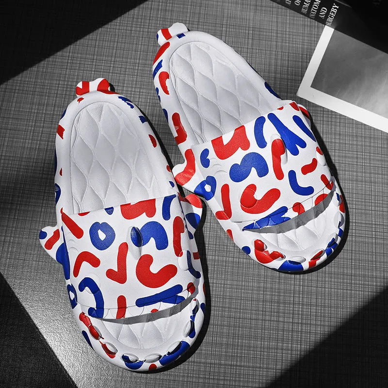 Open-toe shark design couple slippers in EVA material on a white background.