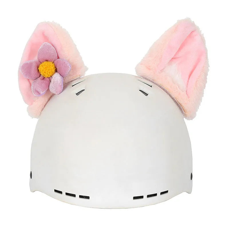 A plush fabric cartoon character helmet hat cover with attached ears on a white background.
