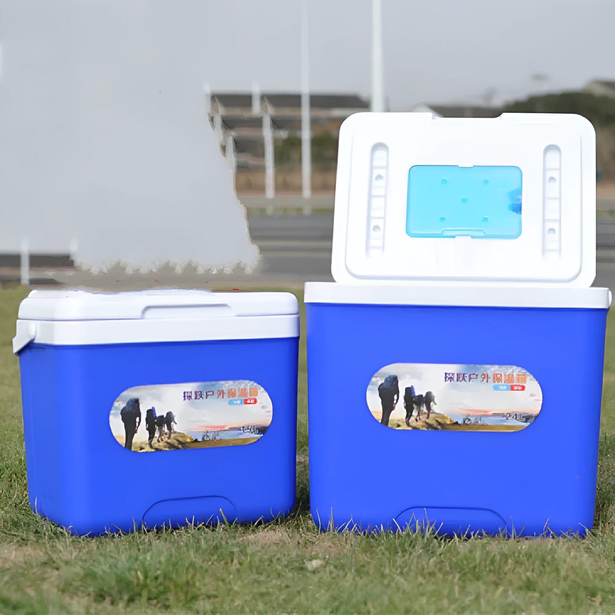 Blue portable insulated cooler box with aluminium foil construction and multiple capacity options.