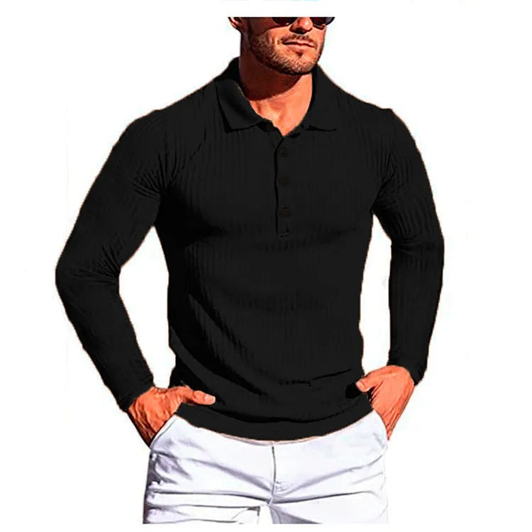 Man wearing a striped loose-fit short sleeve polo shirt in army green colour
