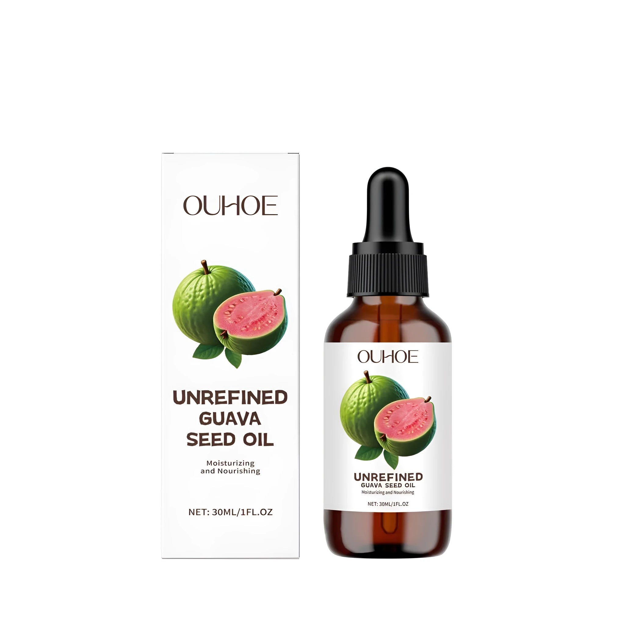 30ml bottle of Guava Seed Oil facial serum with a dropper, containing vitamin C and glycerin.