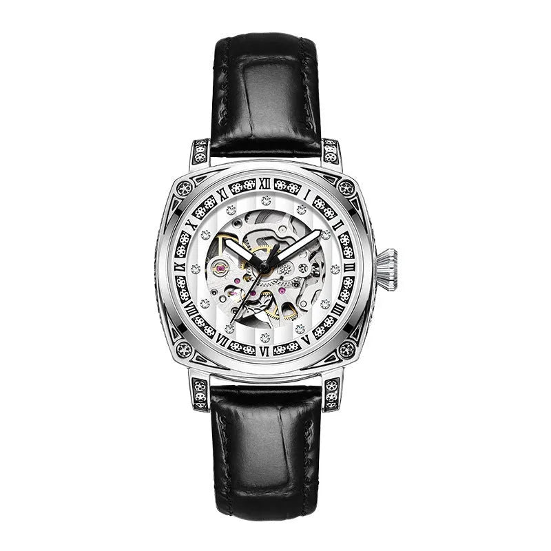 Mechanical watch with luminous hands on leather belt showing 10m waterproof rating and available colour options