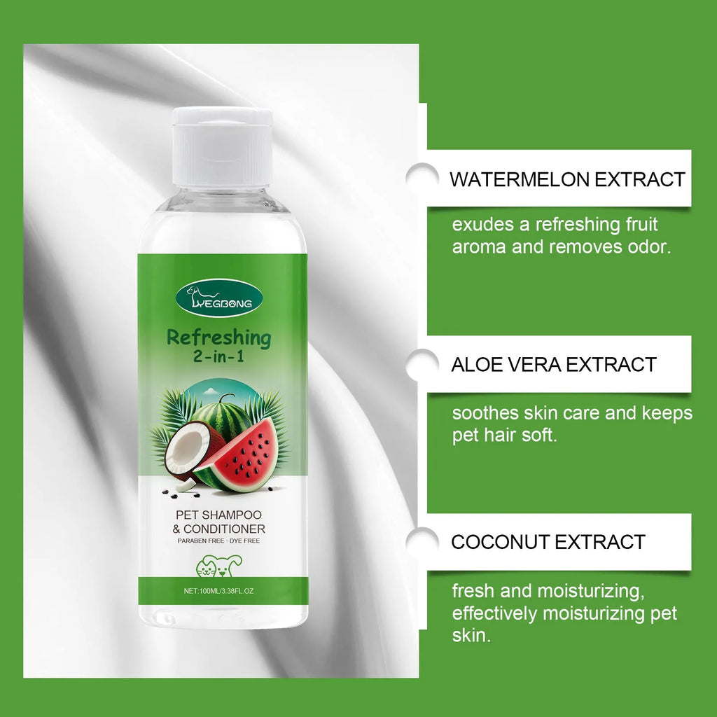 100ml bottle of pet 2-in-1 shampoo shower gel with watermelon and coconut extracts