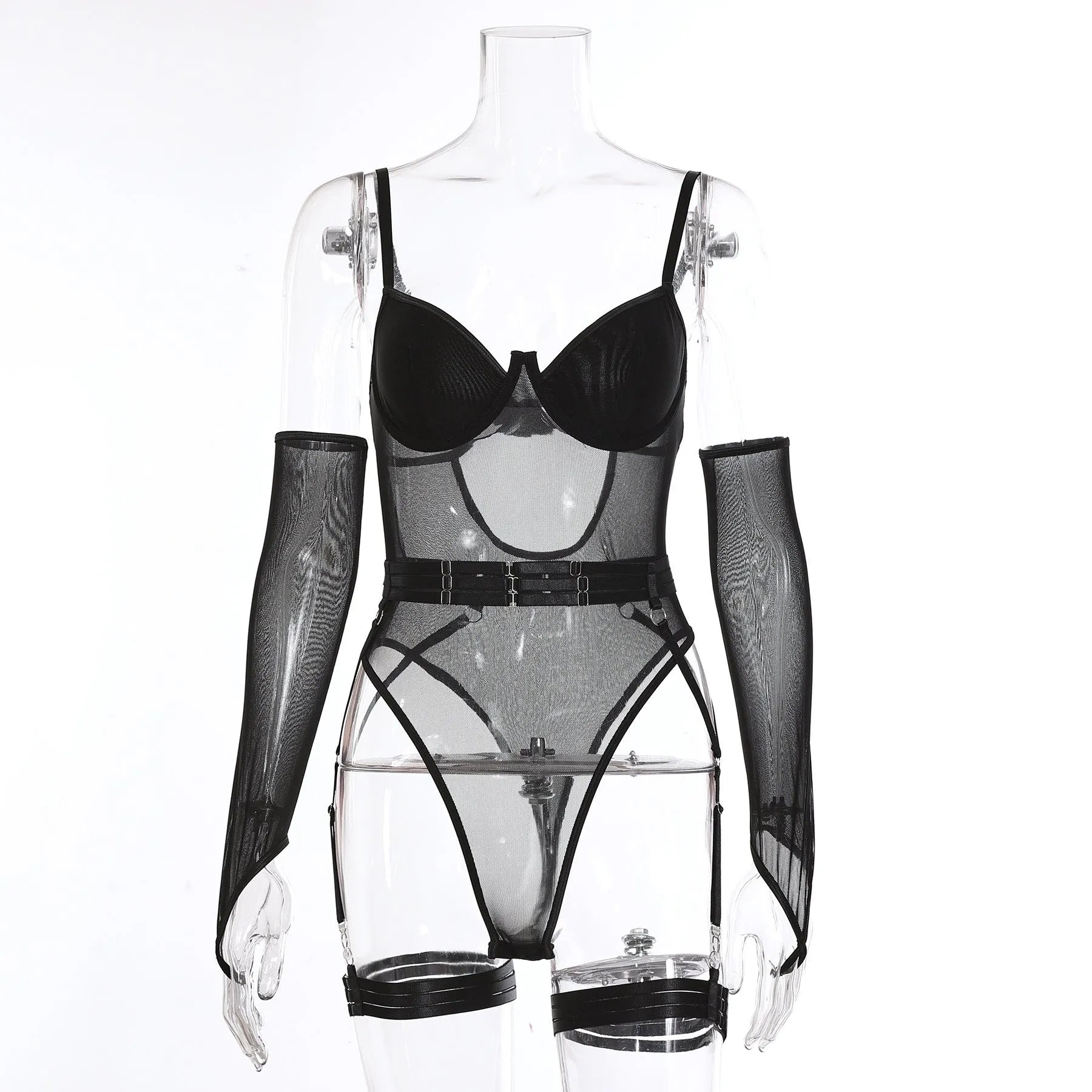 A woman's see-through black mesh jumpsuit with long sleeves and full-length legs.