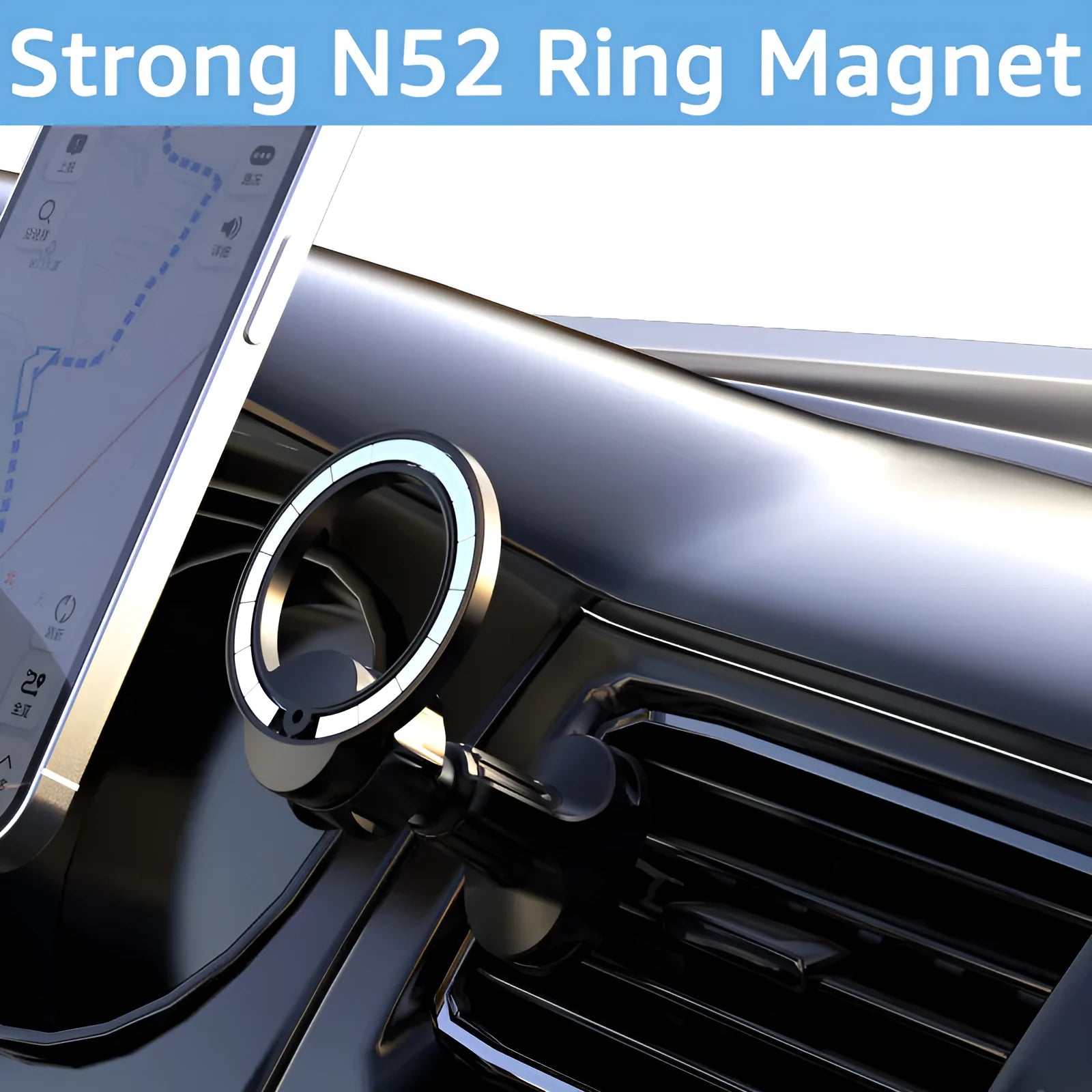 Black magnetic suction car air vent mobile phone holder on a vehicle dashboard.