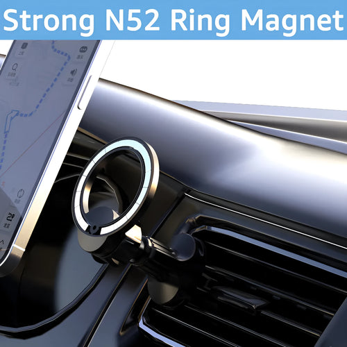 Black magnetic suction car air vent mobile phone holder on a vehicle dashboard.