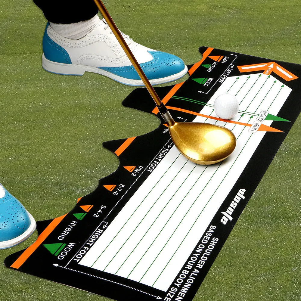 Black neoprene golf swing posture correction pad on a green surface
