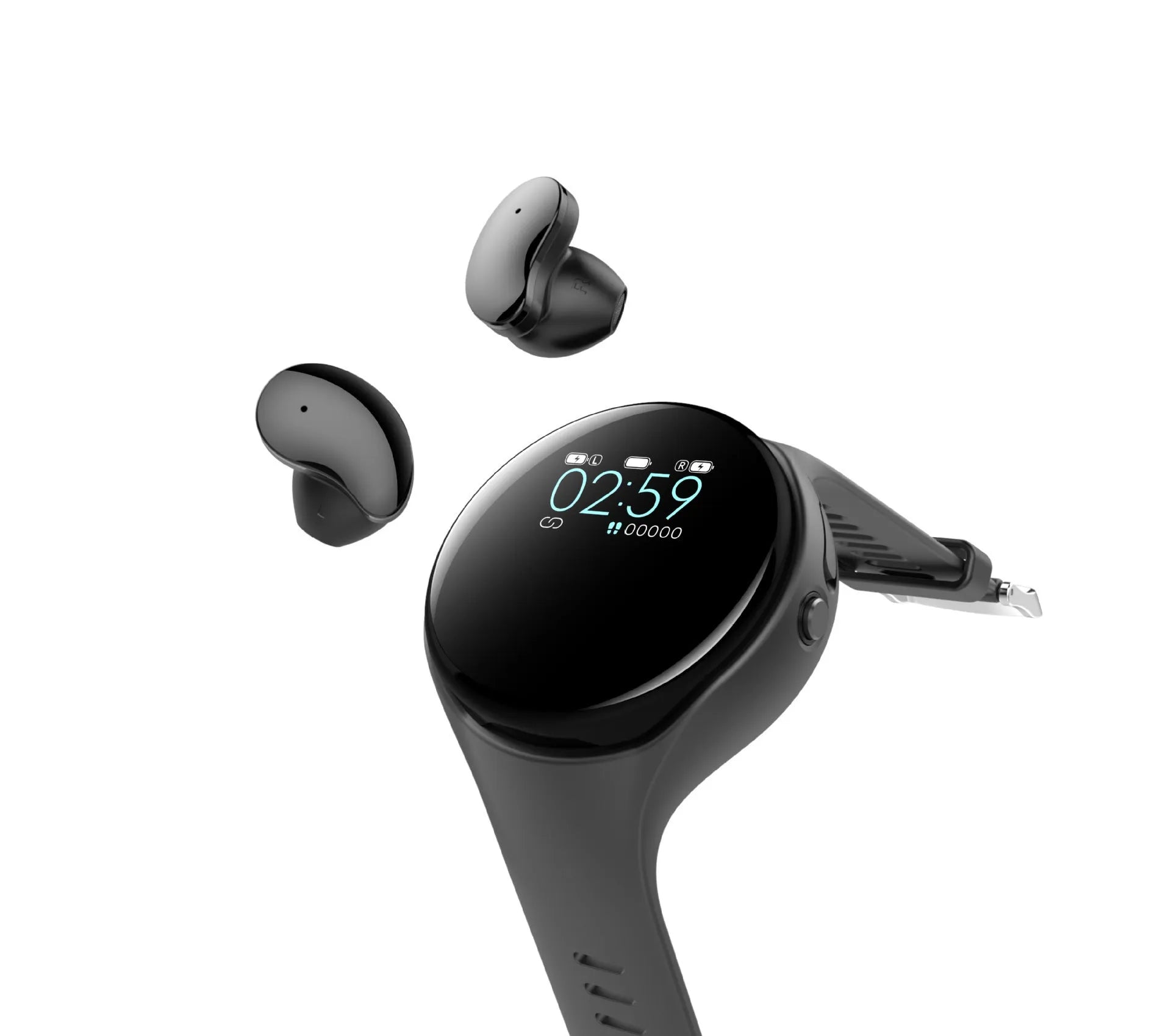 Black detachable smart bracelet and Bluetooth headset combo with colour screen and TWS earphones.