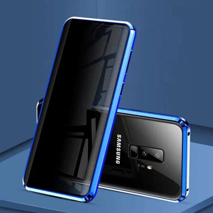 Black magnetic privacy phone case with clamshell design showing anti-peeping screen