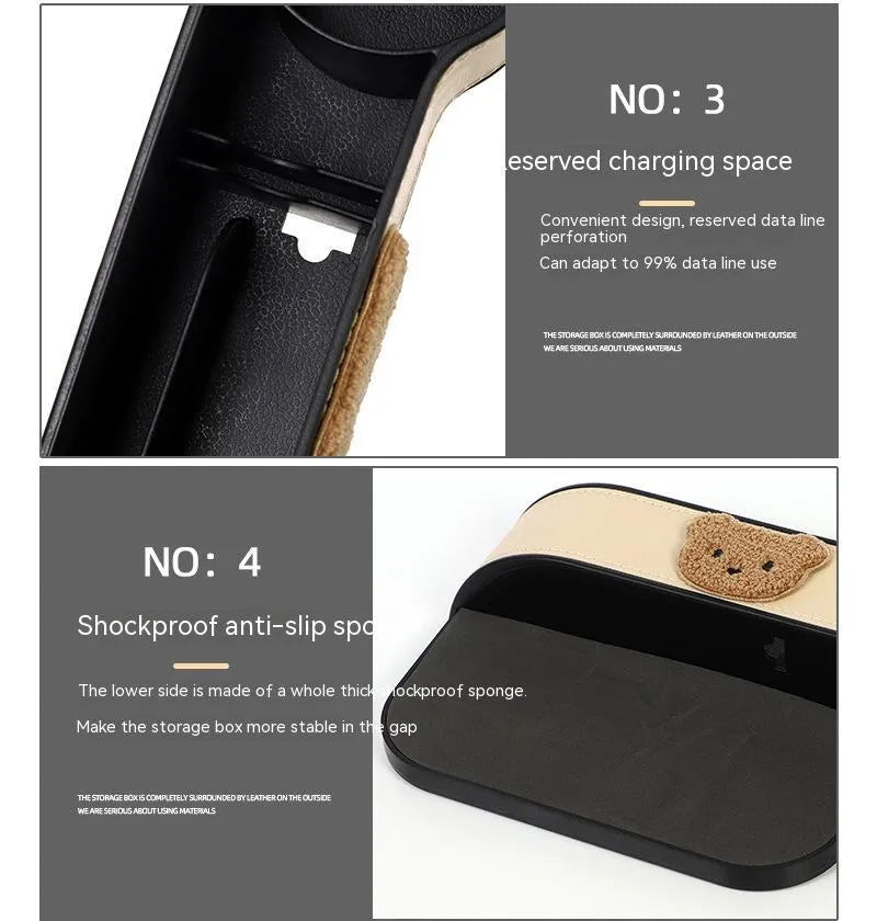PU leather car seat gap storage box hanging between vehicle seats for small item organisation.
