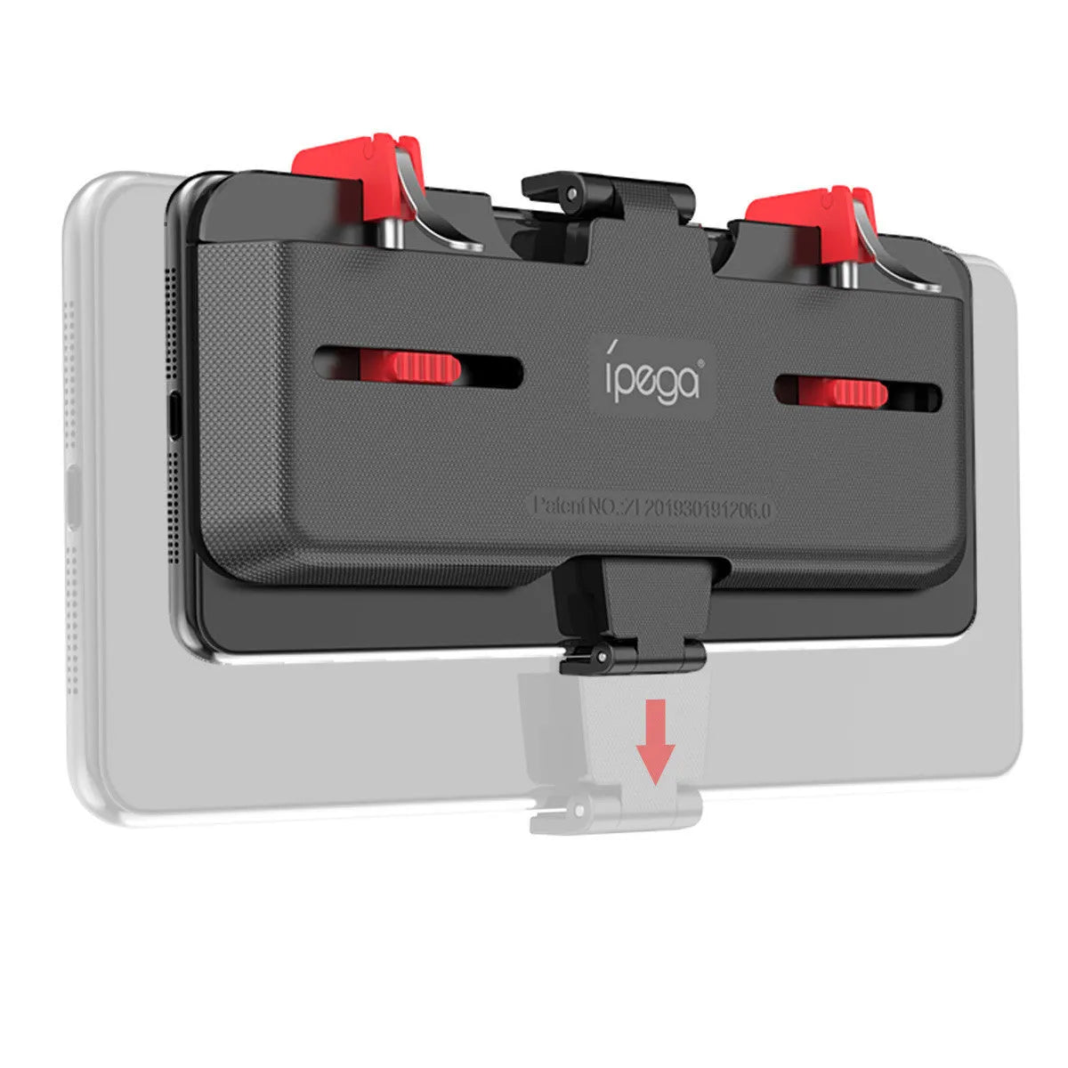 Black mobile phone gaming trigger bracket with adjustable sliding trigger and telescopic phone clip