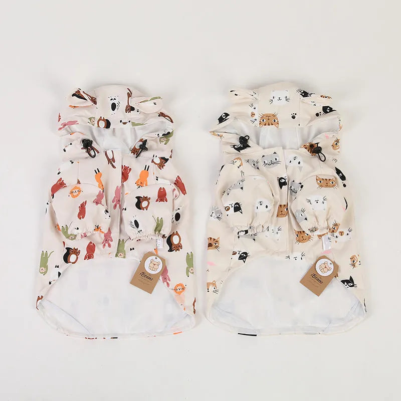 Beige cartoon dog raincoat with waterproof PU coating for small to extra large breeds