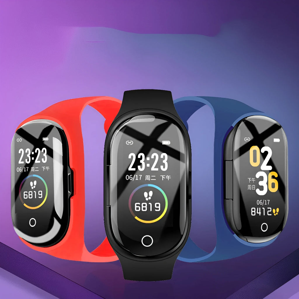 Smart bracelet with integrated Bluetooth earphones in silicone wristband showing 1-inch screen
