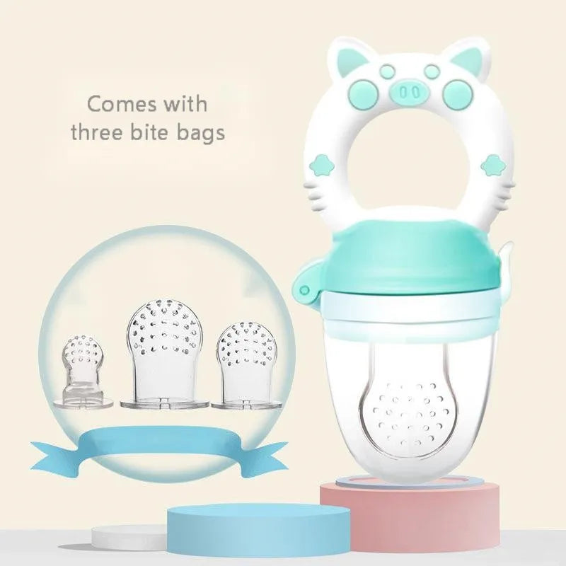 Soft silicone baby teether in blue, green, and pink colours with one or three mouthpiece options.