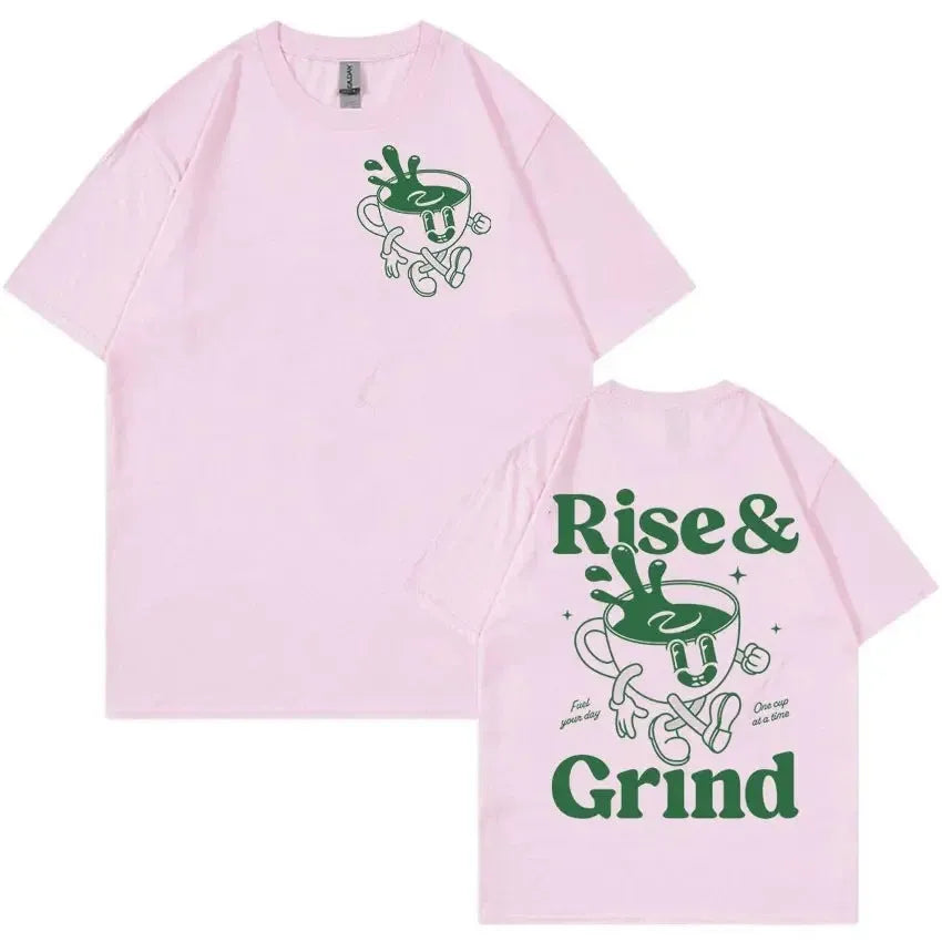 Loose fit black linen t-shirt with green Rise And Grind coffee cartoon print on chest.