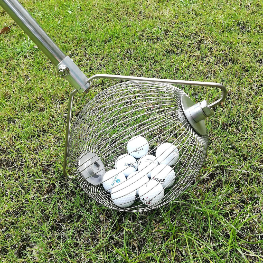 Stainless steel golf ball picker tool with a metallic finish.