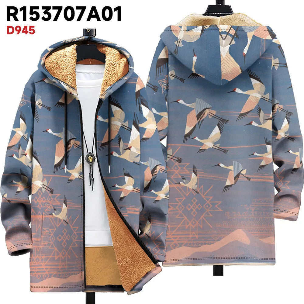Man wearing a loose fit, multicolour print hooded cardigan with a front zipper.
