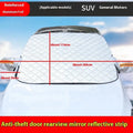 Large aluminium foil car cover for SUV windshield with magnets and reflective stripes.