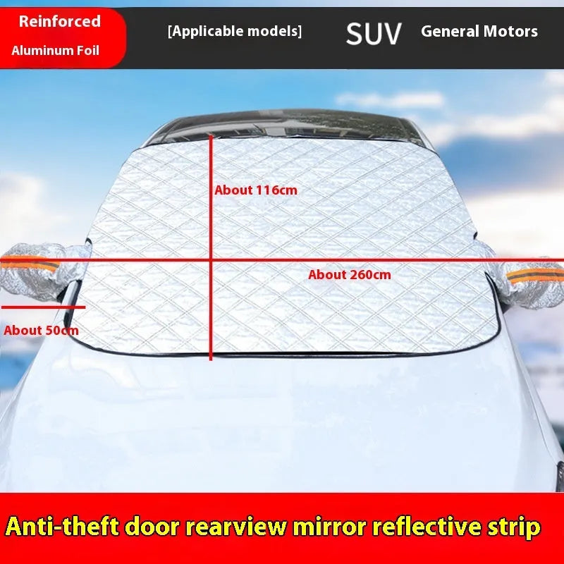 Large aluminium foil car cover for SUV windshield with magnets and reflective stripes.