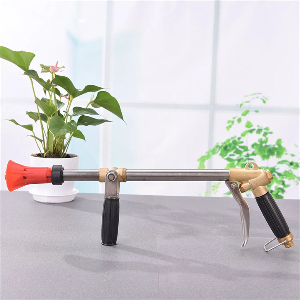 Adjustable high-pressure agricultural spray gun with submachine gun design and plastic construction