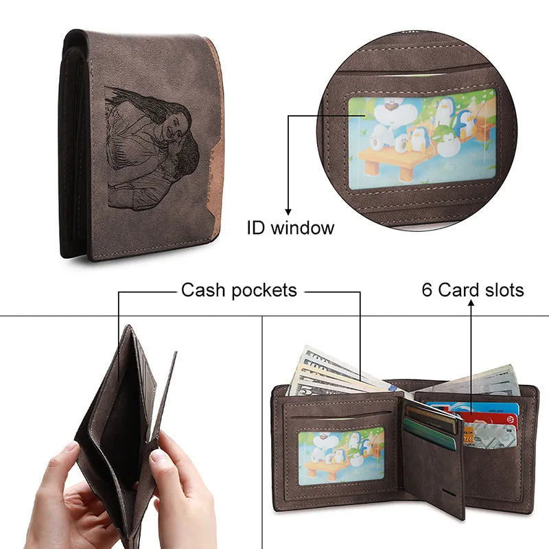 Engraved coffee-colour horizontal PU wallet showing custom photo personalisation.