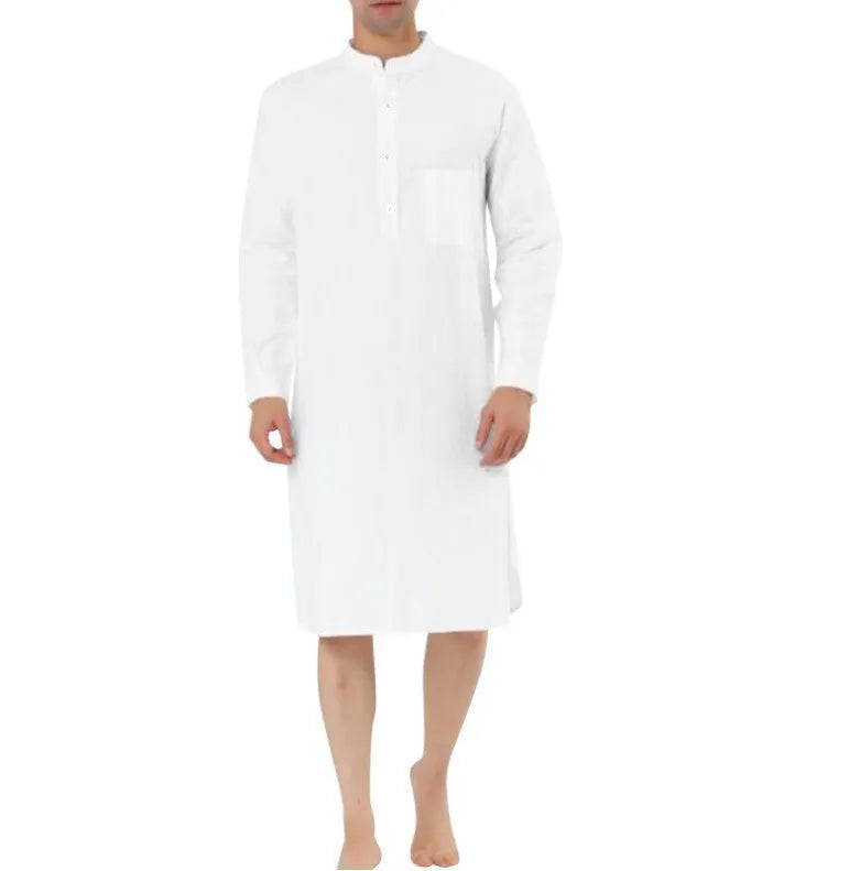 Men's cotton shirt robe with a front pocket, shown in one of nine available colours.