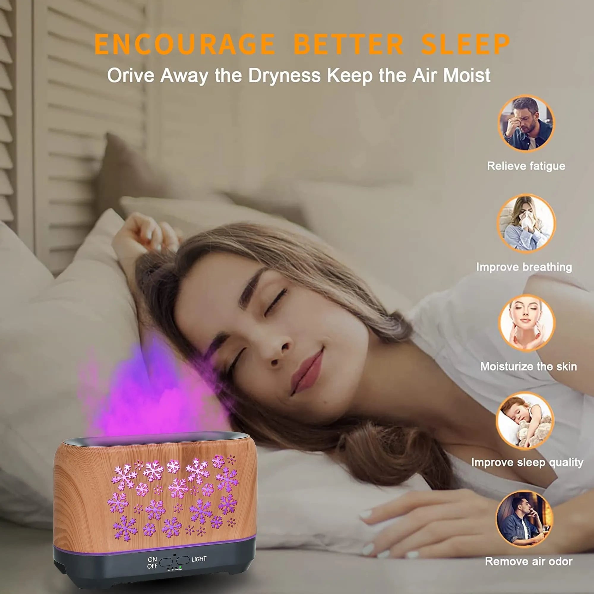 Christmas snowflake pattern humidifier with colourful flame effects and remote control on wooden desk