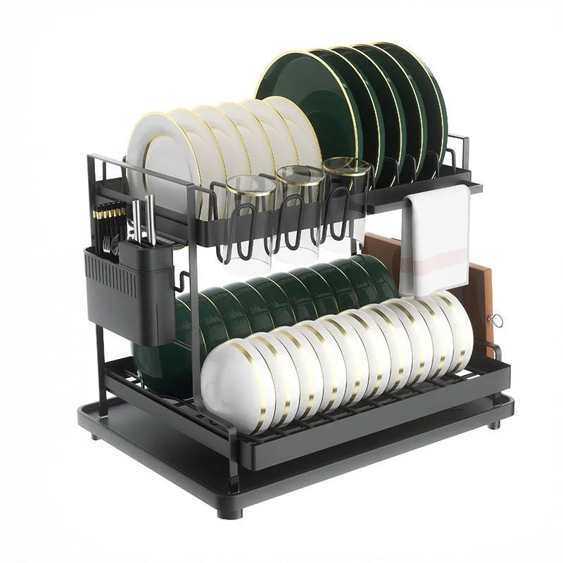 Double layer kitchen storage rack with removable draining in black colour