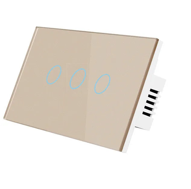 2-gang RF remote control touch light switch with tempered glass panel in white, black or gold finish