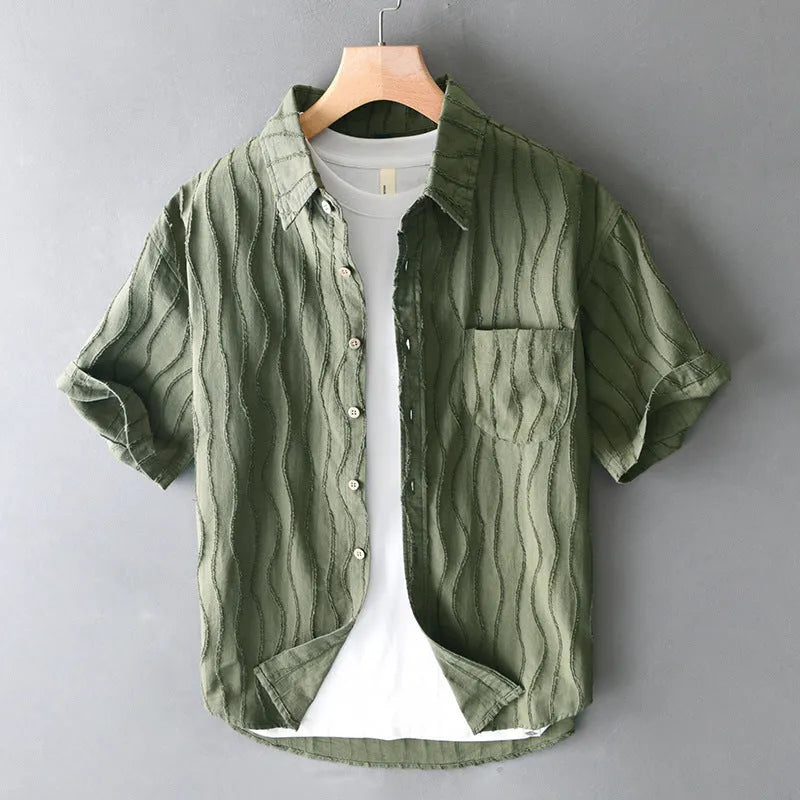 Men's apricot cotton short sleeve casual shirt with loose fit and Japanese styling
