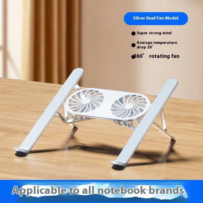 Silver aluminium laptop cooling stand with twin fans and height adjustment, shown folded.